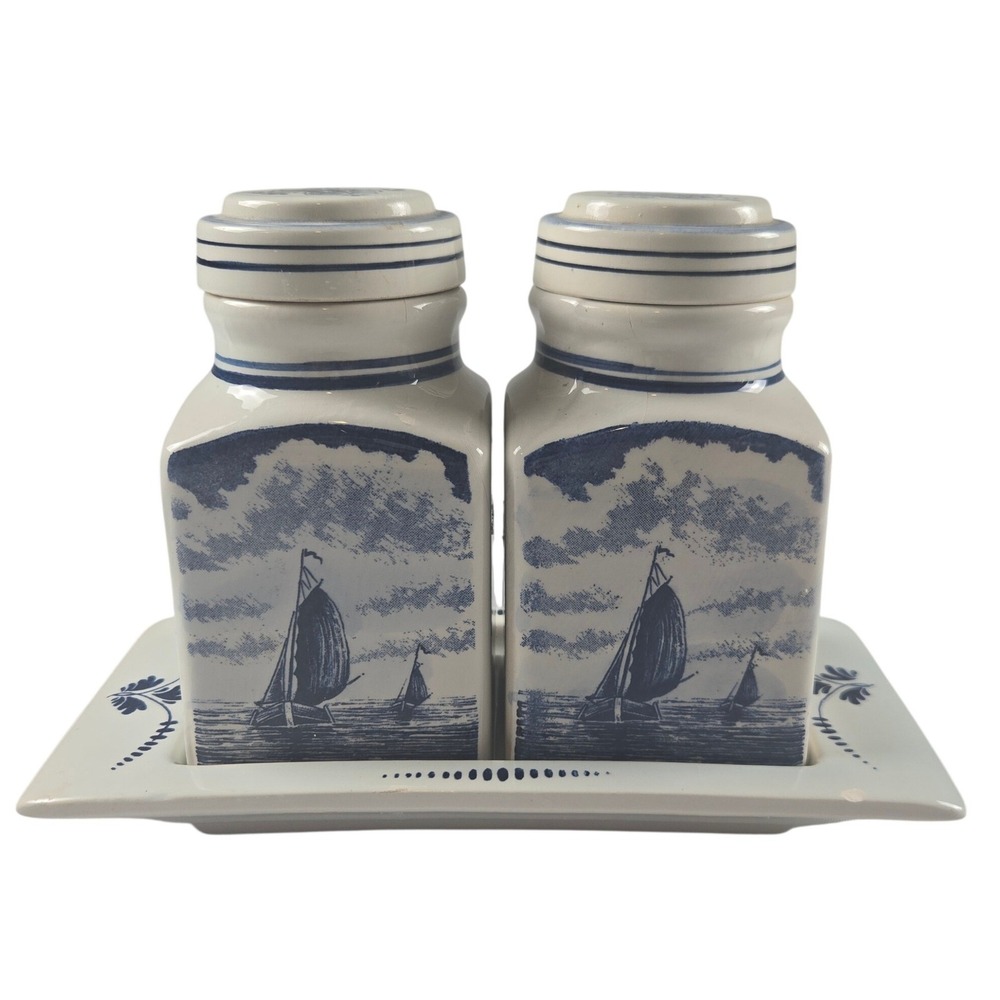Vintage Delfts Blauw Condiment Set 2 Jars And Tray Hand Painted, Holland